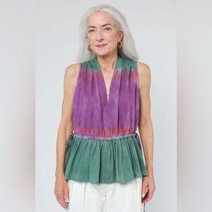 Raquel Allegra Daydream Top Size S Sleeveless Fantasy Tiger Tie Dye Green Purple